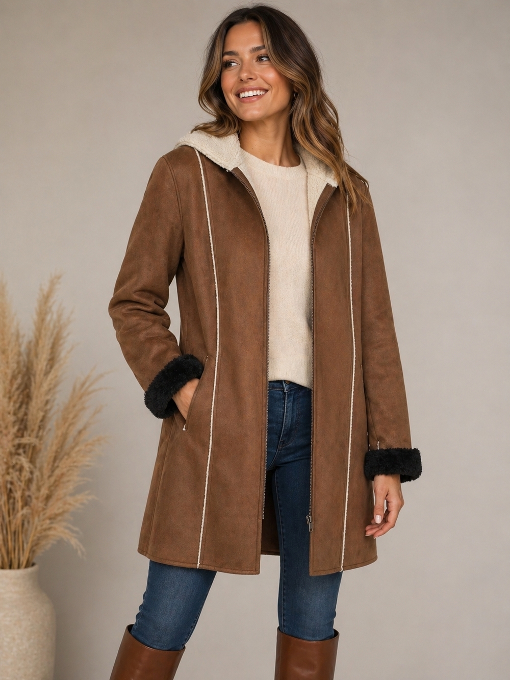 Faux-Suede Sherpa-Lined Hooded Coat - Brown - Picture 4 of 4